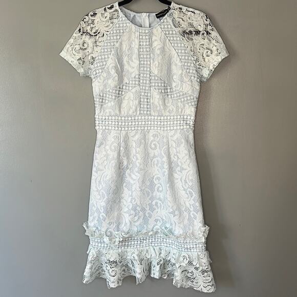 NWT PrettyLittleThing Dusty Blue Frill Hem Lace Bodycon Size 4 - Picture 2 of 12